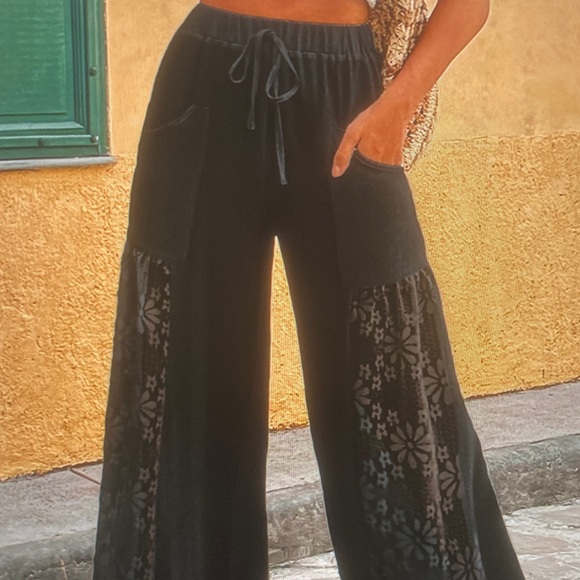 Pants - Black Wide-Leg Floral Panel Drawstring Pants